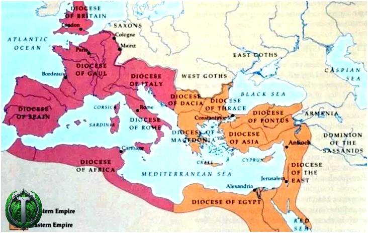 Карта, що показує дві імперії давніх римлян, які переважно населяли країни Середземномор'я.
