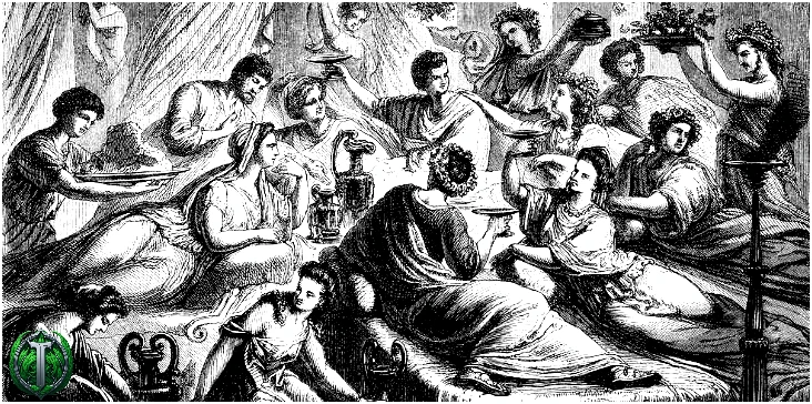 Група давніх римлян під час бенкету.