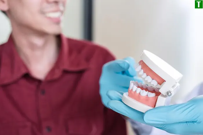 Стоматолог тримає зубні протези, консультуючи пацієнта про види сучасних протезних конструкцій