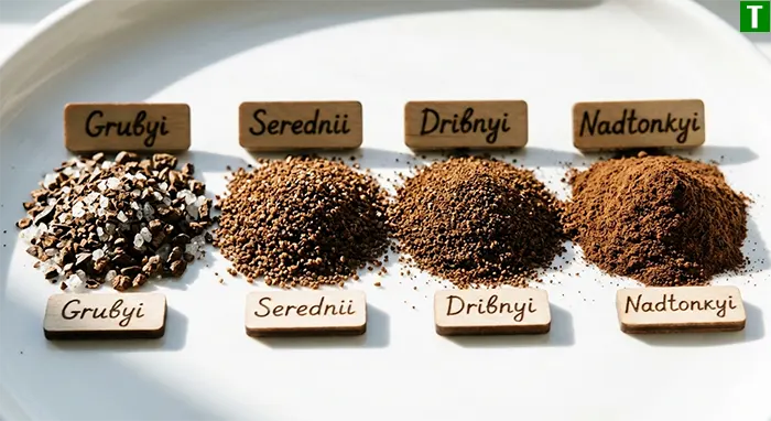 Грубий, середній, дрібний і надтонкий помел кави — порівняння розміру частинок Чотири ступені помелу кави впритул: грубий як морська сіль, середній як пісок, дрібний та надтонкий порошок