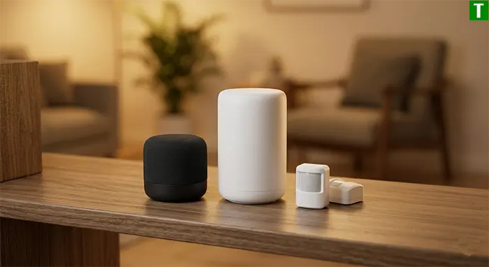 Ring Alarm — бездротова сигналізація з інтеграцією розумного дому Бездротова охоронна система для розумного дому — центральний хаб і датчики на полиці поруч із розумною колонкою