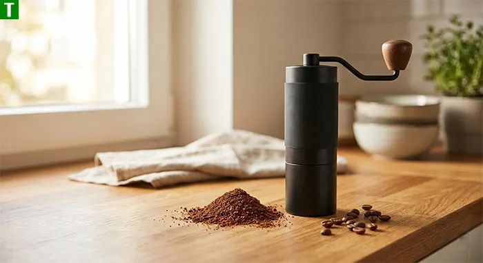 Жорнова кавомолка з конічним буром для домашнього використання Жорнова кавомолка з конічним буром на кухонному столі, поруч свіжозмелена кава середнього помелу